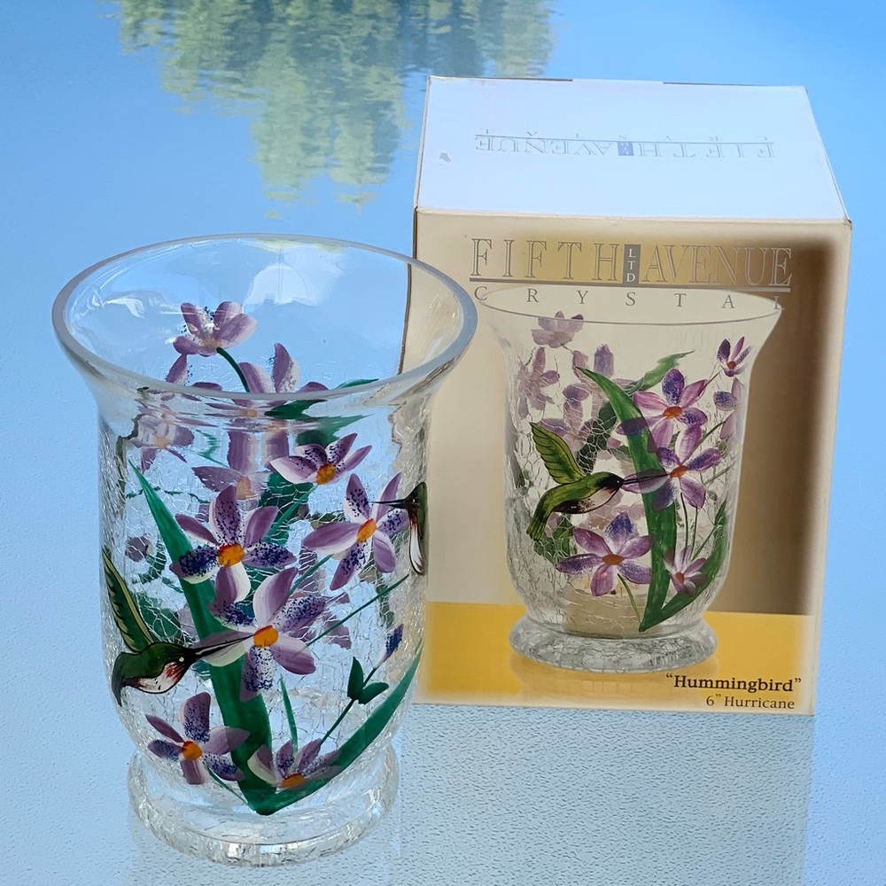 Fifth Avenue Crystal Hummingbird Crackle Glass 6” Hurricane Candle Holder
